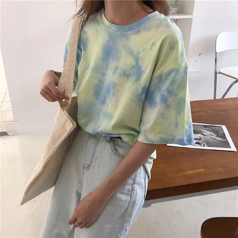CBAFU tie dye футболка женская летняя топ Корейская одежда Повседневная Свободная футболка femme ulzang топы с принтом Лоскутная футболка D559