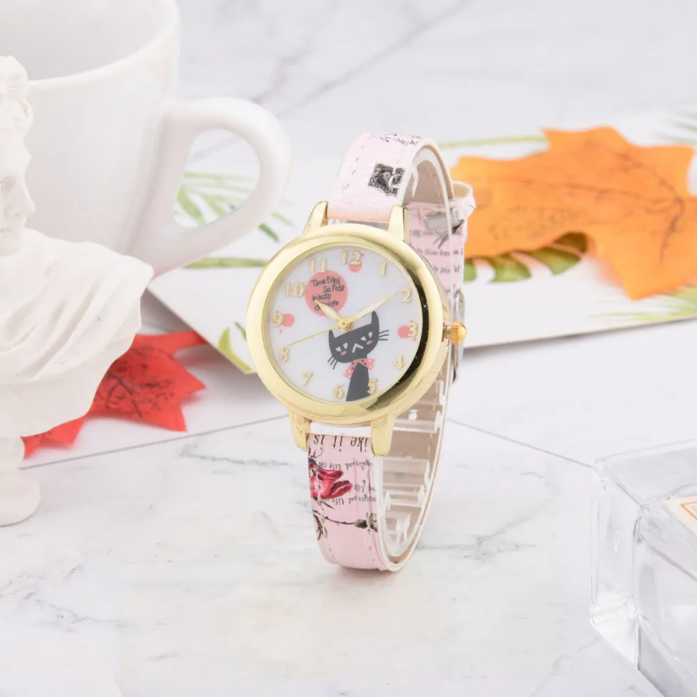 8SEASONS PU Leather Watchband Cute Cat Pattern Gold Color Quartz Wrist Watches Women Ladies Watch Clock Trendy Jewelry 1 Piece | Наручные