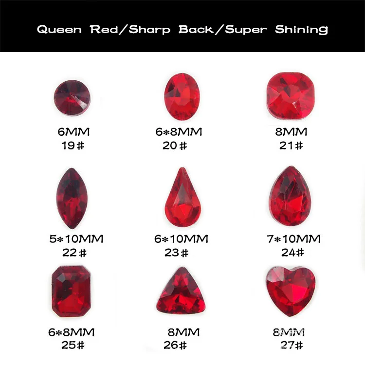 

New 50pcs super shining sharp bottom queen red color top quality nail art glass rhinestone round/oval/square/drop/heart shape