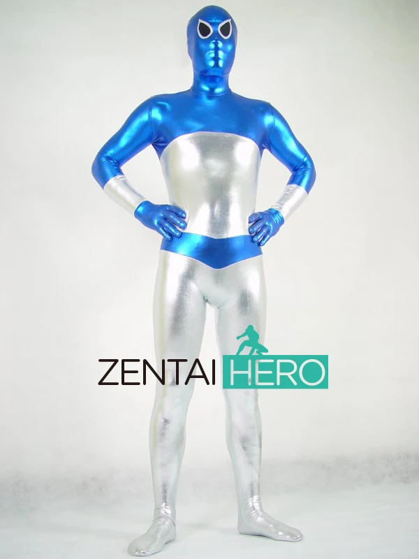 Free Shipping DHL Sexy Strong Silver and Blue Full Bodysuit Shiny Metallic CosplayZentai Suit Halloween Costume Black Eyes PS008 |