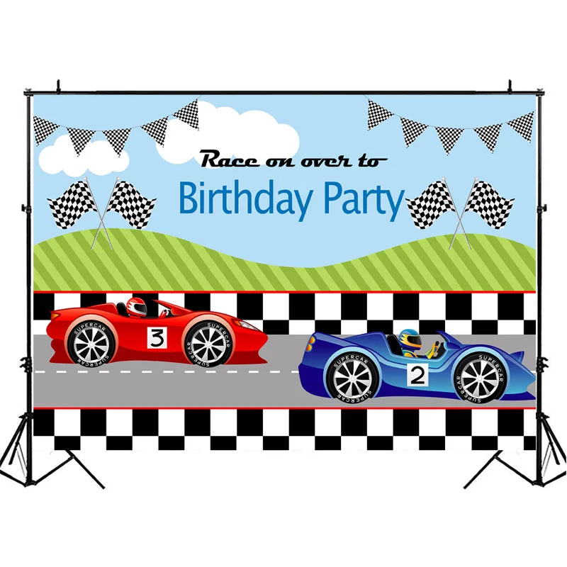 Фон для фотосъемки с надписью NeoBack Racing theme Boy Happy Birthday флагом красного и синего