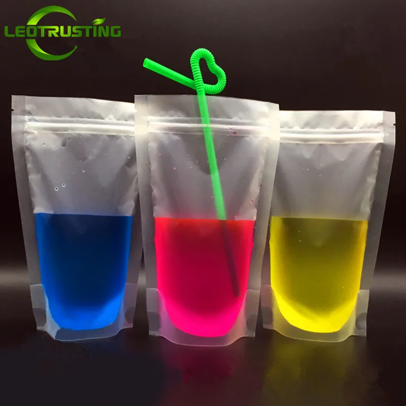 

Leotrusting 100pcs New Frosted Plastic Drinking Packaging Bag Beverage Juice Milk Coffee Bag Hot and Cold Fruit Juice Zip Bag