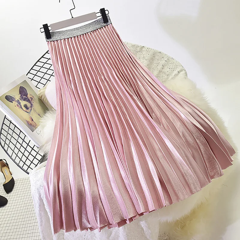 Light Pink Qiuxuan, большая юбка-свинг, Осень-зима, высокая талия, Юбки миди, контрастная Талия, повседневные женские плиссированные юбки, разные цвета - Цвет: Light Pink