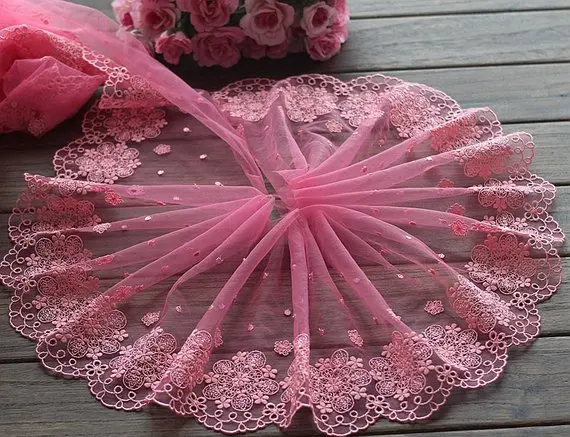 2 ярда кружевная отделка Цветочная вышивка розовый тюль 7 48 дюйма широкий высокое