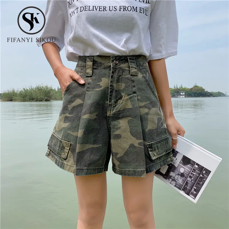 

2019 Summer Fashion Camouflage Denim Shorts women Casual Loose Wide leg Short Pants Female Streetwear High waist Shorts Jeans