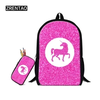 zrentao girls unicorn backpack 2 pcsset mochilas with pencil case double zipper bags rugzak polyster book bags travel bag