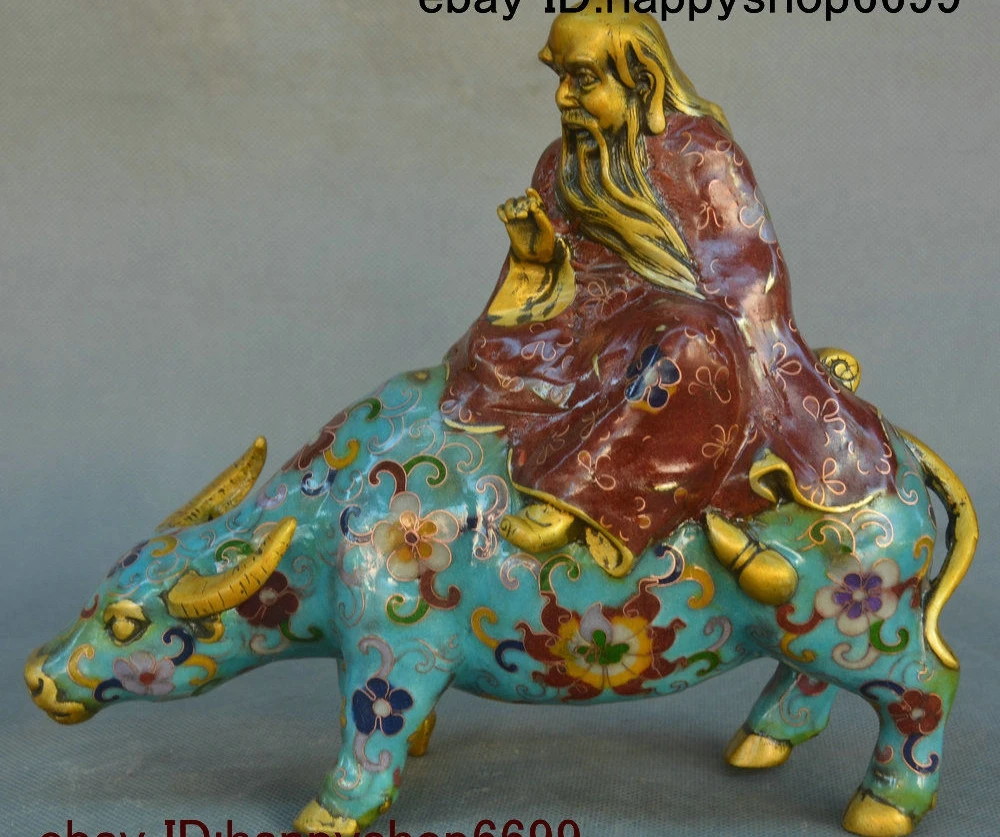 Старый фарфор бронза перегородчатый эмаль Лао-тцу Лао-цзы ездить бык Статуэтка