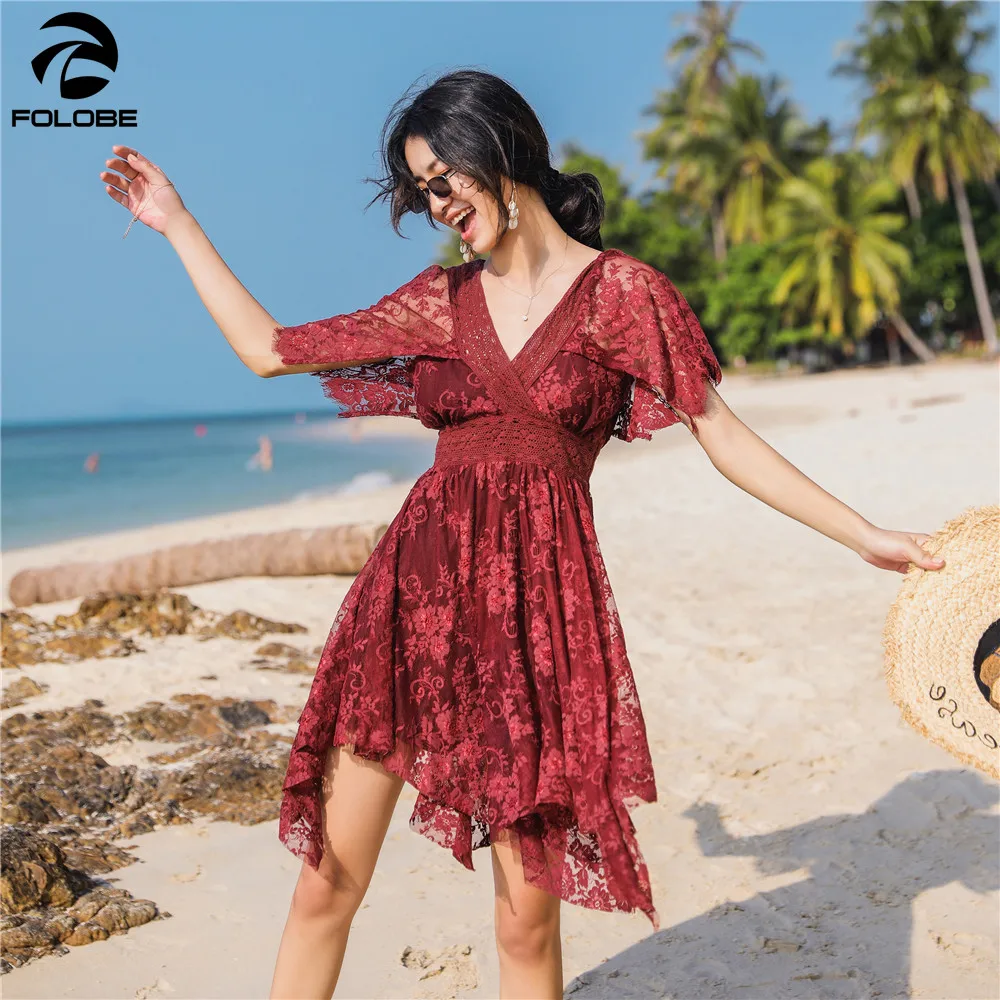 

FOLOBE/летние праздничные бордовые кружевные платья с v-образным вырезом; Пляжное платье в стиле ампир; Уличная одежда