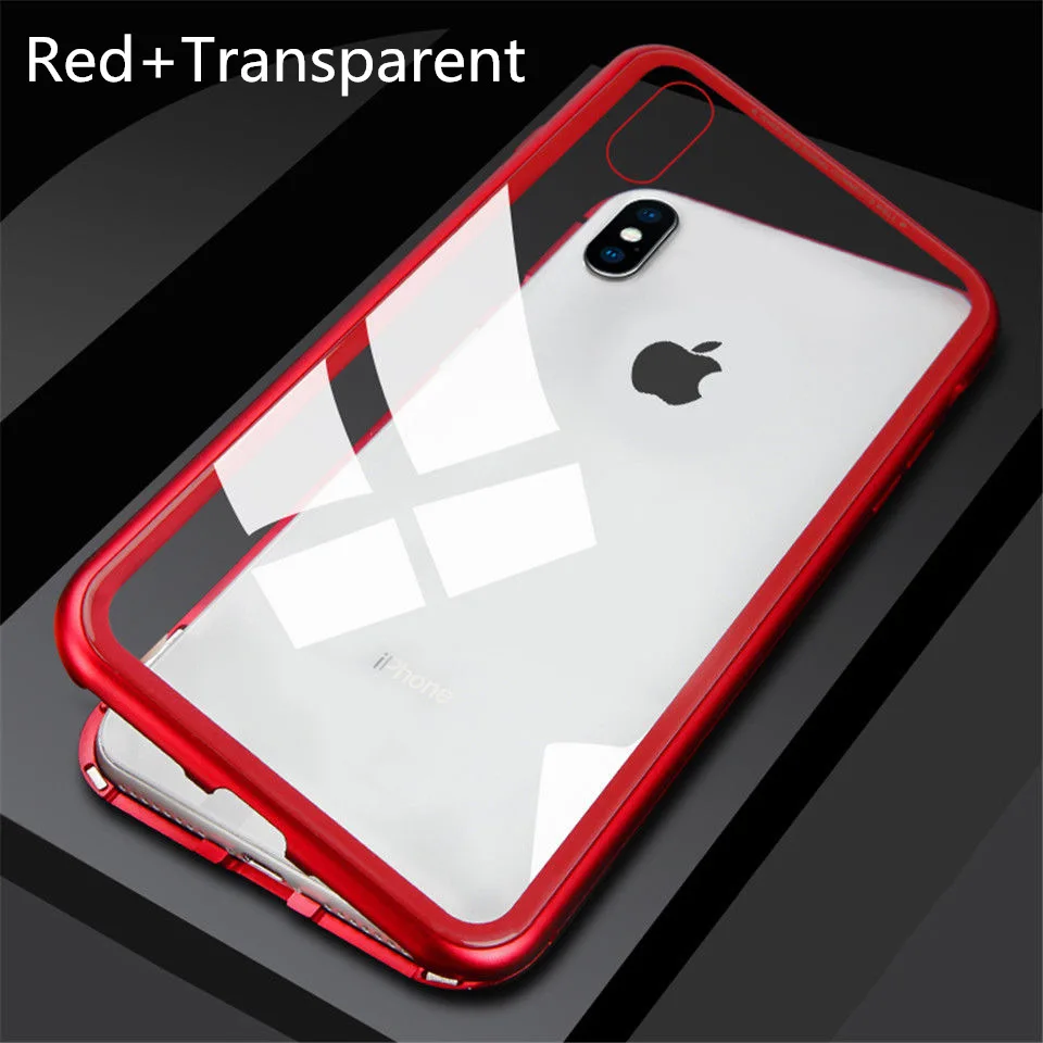 Металлический магнитный чехол для iPhone X XS XR XS MAX 7 8 Plus 6 6s металлический бампер+ задняя крышка из закаленного стекла для iPhone 6 6s 7 8+ X XS - Цвет: Red-Clear