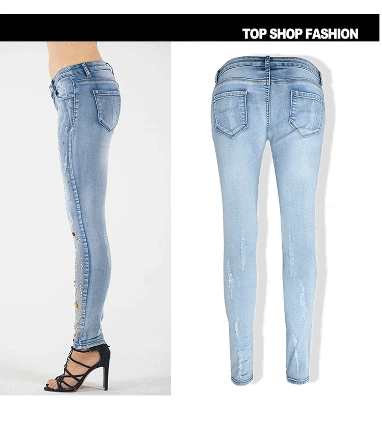 Модные женские джинсы со стразами узкие брюки-карандаш длинные синие размера