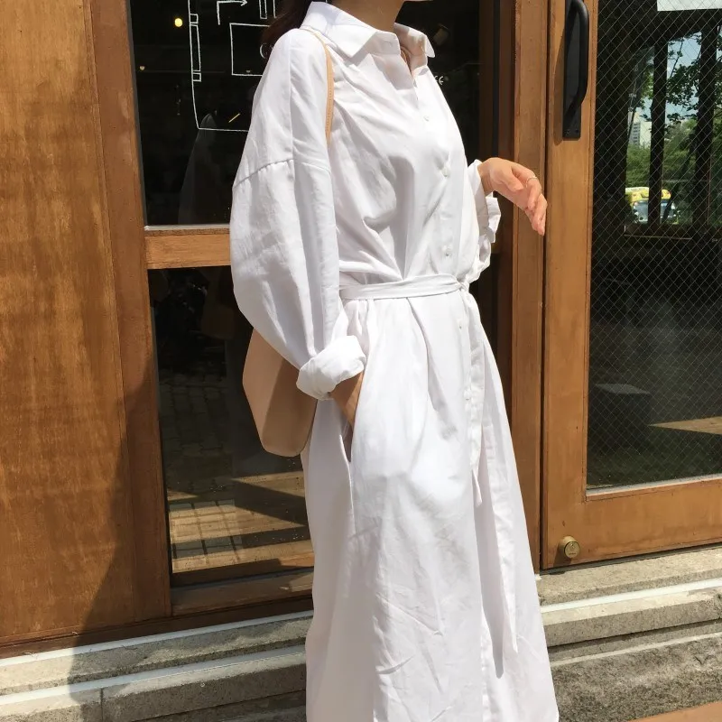Women Fashion Solid Lapel Loose Shirt Dress Vintage Long Sleeve Sashes Split Empire Single-breasted Casual A-Line Dresses | Женская