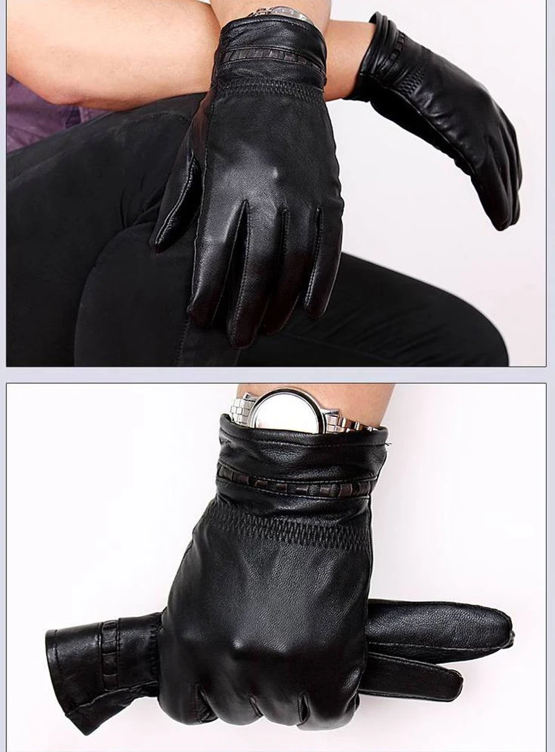 Мужские кожаные перчатки из натуральной овчины модные плотные теплые зимние