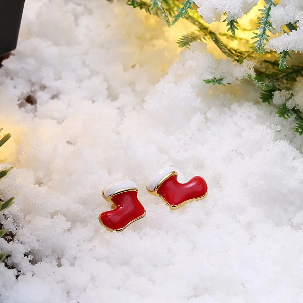 CHUKUI Christmas Red Socks Boots Earrings Gold Color Enamel Stud For Girl Kids Fashion New Year Gifts Jewelry | Украшения и