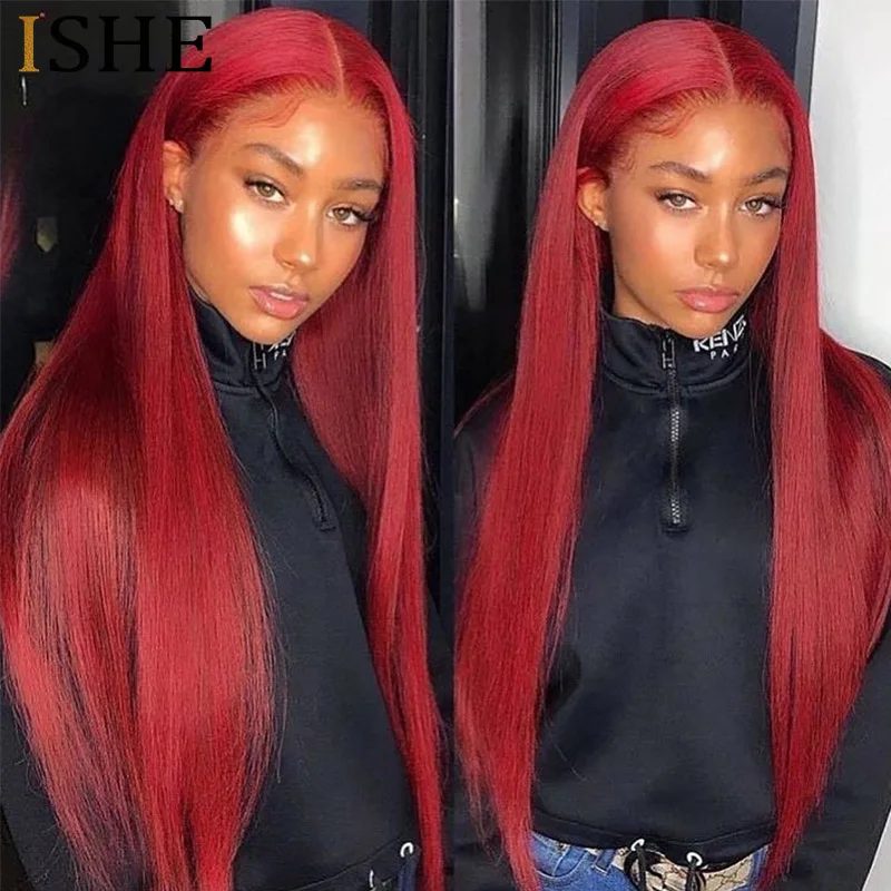 

Straight Transparent Lace Front Wig Human Hair Wigs 99J Red Burgundy Preplucked Human Hair Deep Part Wigs 13X1 150% Remy ISHE
