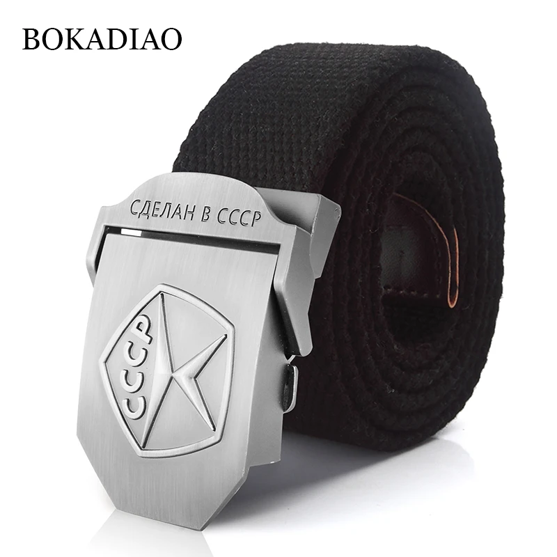 BOKADIAO Men&Women Canvas belt Vintage 3D CCCP Soviet Sign Metal buckle jeans belt Army Military tactical belts male strap Black