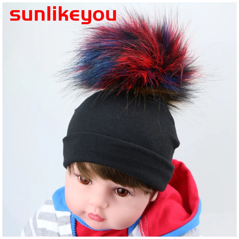 Sunlikeyou/Детские шапки из искусственного меха для новорожденных мальчиков и девочек, хлопковые мягкие теплые шапки с помпонами из искусственного меха для малышей