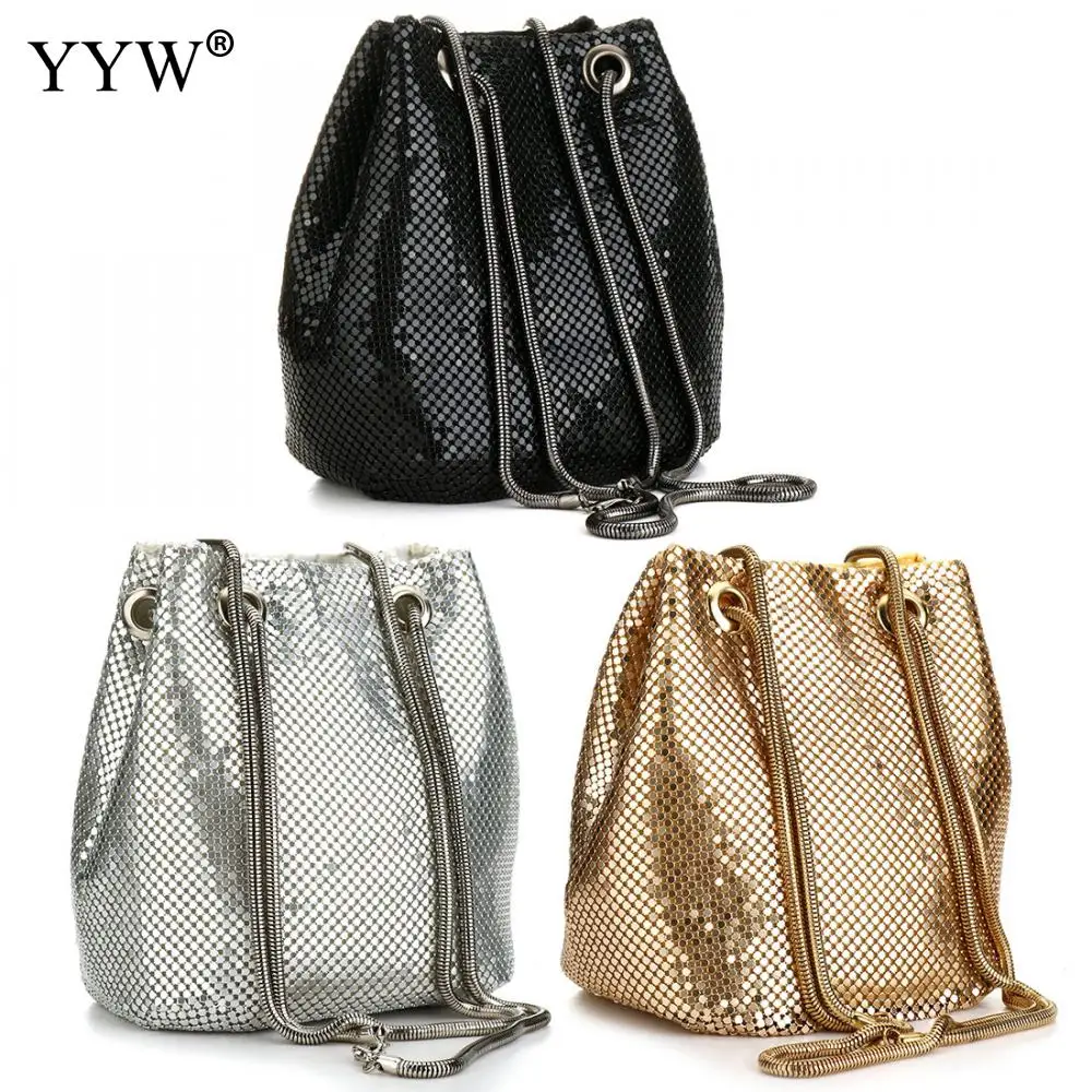 Fashion Evening Party Clutch Bucket Bags For Women 2022 Long Chain Shoulder Bag  Sliver Gold Purse And Handbags Female Clutches