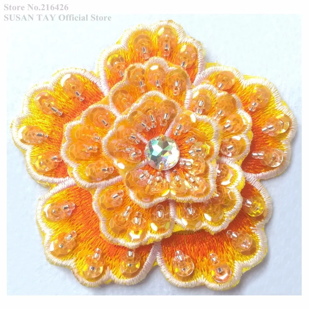 New Yellow Sequined Beaded 3-Layer 3D Flower Embroidery Patches Lace Applique Dancing Dress Costume Decorating 10pcs/lot BNC143E | Дом и сад