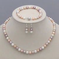 hot selling free shipping7 8mm real natural freshwater pearl necklace bracelet earrings jewelry set