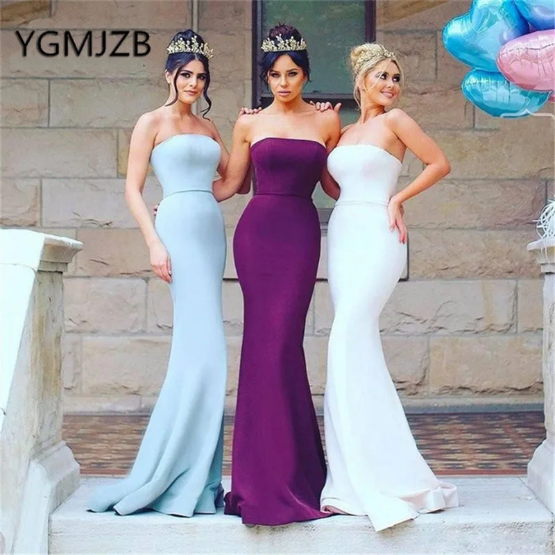 Длинное платье подружки невесты 2019 элегантное атласное без бретелек с