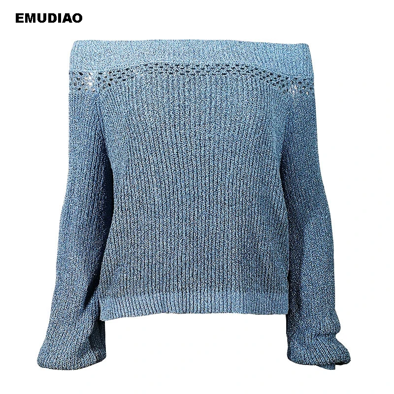 Slash Neck Sweater Woman Winter 2019 Casual Loose Pullover Autumn Off Shoulder Knitted Sweaters Solid Blue Knitwear Jumper | Женская