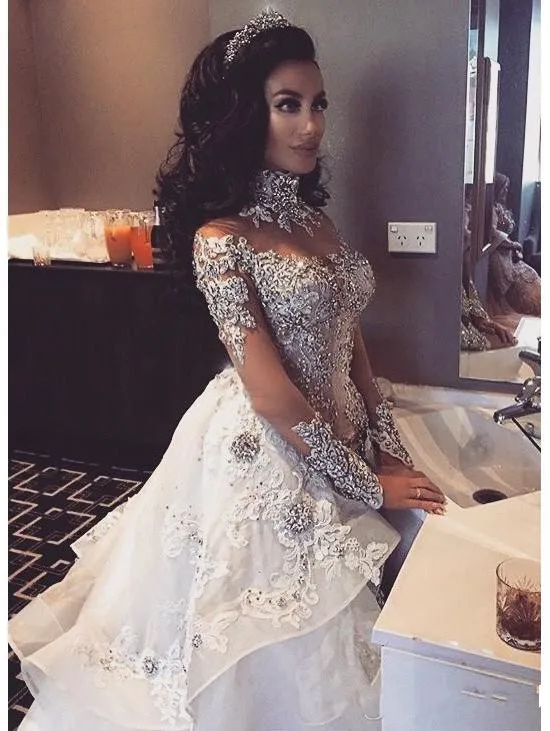 Bling Роскошные бусины Русалка Прозрачный одежда с длинным рукавом свадебное платье высокое средства ухода за кожей Шеи Overskirt Свадебные платья