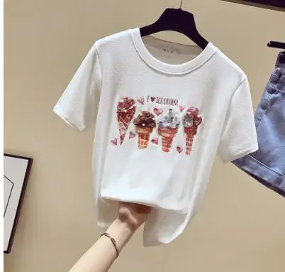 Модная футболка с бриллиантами, женская футболка, хлопковый топ, camisetas verano mujer,, летние топы, футболка, женская одежда, футболка, femme - Цвет: Белый