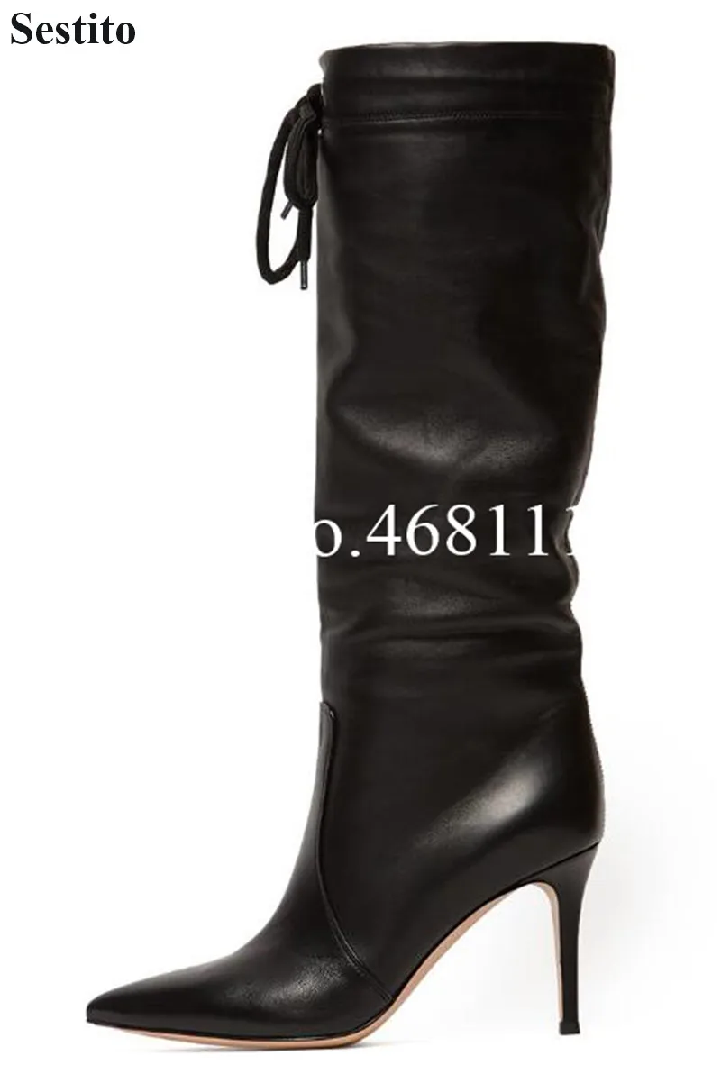 

High Stiletto Heels Knee High Boots 2022 Lace Up Spring New Pointed European Style Temperament Female Boots Banquet Catwalk