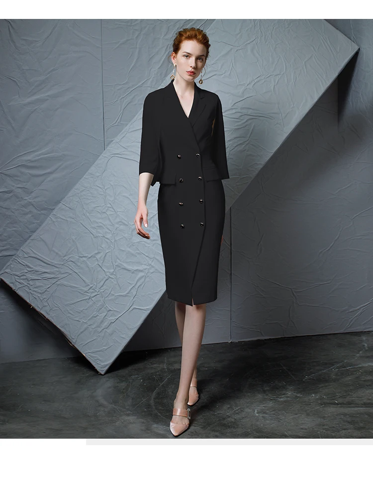 

OL Female Dresses Office Lady Double Breasted Midi Knee Length Elegant Cloak Luxury Design White Black Party Dress Vestido Women