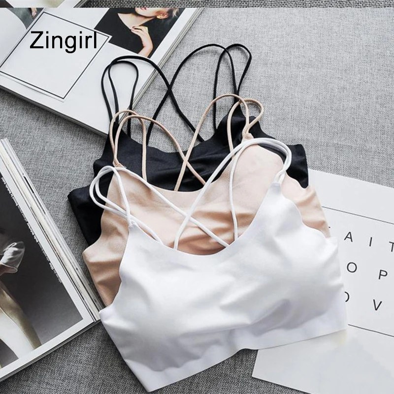 Zingirl Casual Slim Soft Ice Silk Basic Bra Bralette Women Wireless Brief Tub Brassiere Small Strap Padded Intimate Lingerie | Женская