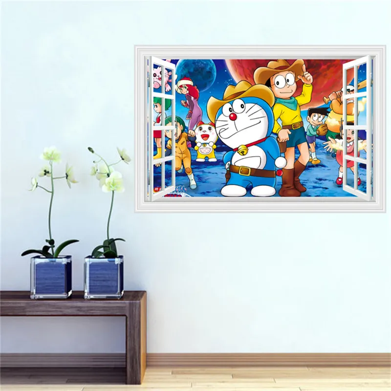 3D stereo windows Nobita cowboy cartoon wall paste bedroom living room children murals wallpaper | Дом и сад
