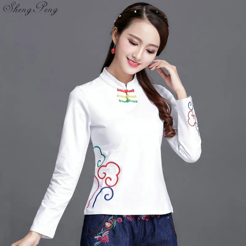 Cheongsam Топ Традиционный китайский костюм для женщин рубашка с длинными рукавами