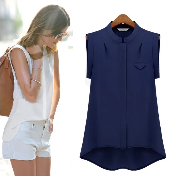 Женский шифоновый топ с воротником-стойкой классическая блузка без рукавов
