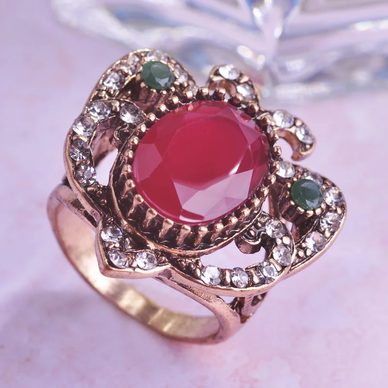 

Blucome Brand Turkish Rings Round Red Resin Anel For Women Gifts Party Accessories Full Crystals Antique Gold Color Vintage Ring