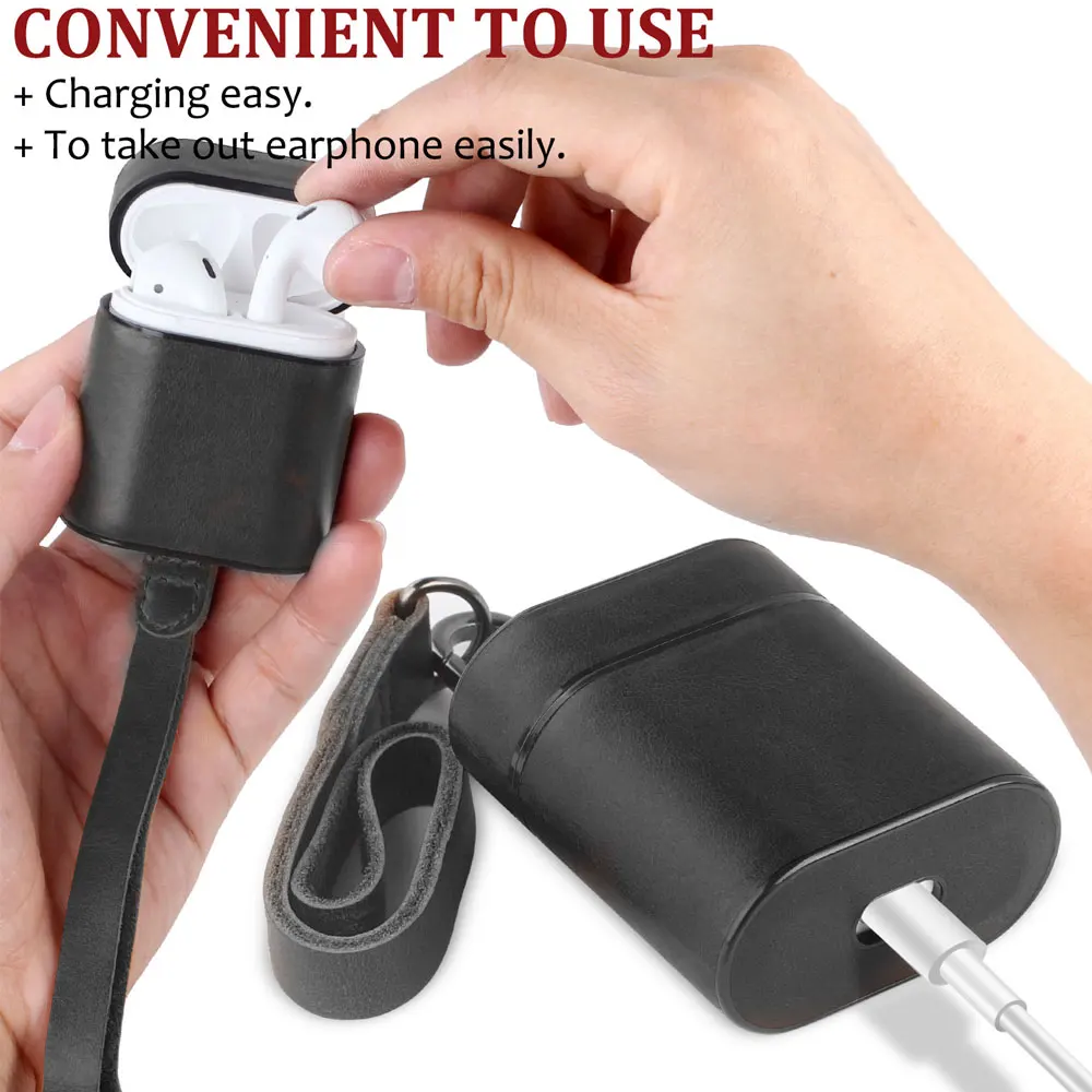 Genuine Leather Case for Airpods Portable Protective Cover For Apple Earphone Accessories With Anti-lost Rope | Электроника