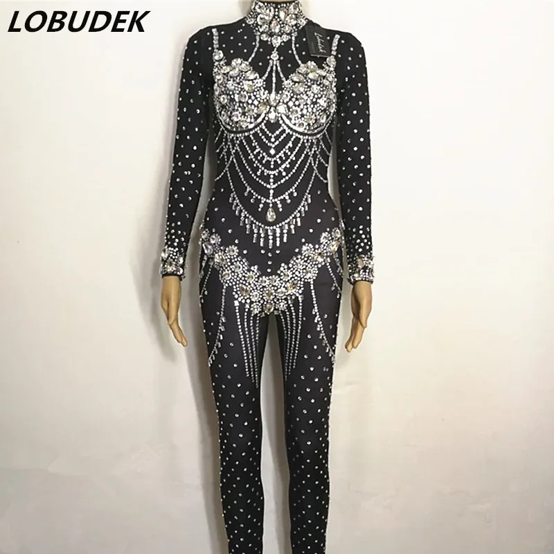 Sexy Bar Black crystals Jumpsuit Elastic Stretch jumpsuit Female Singer Prom Party Costumes DJ DS Catwalk performance Clothing