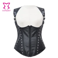 gothic black leather front zipper cupless sexy corset vest steampunk rivet hollow out underbust corsets top gothic clothing