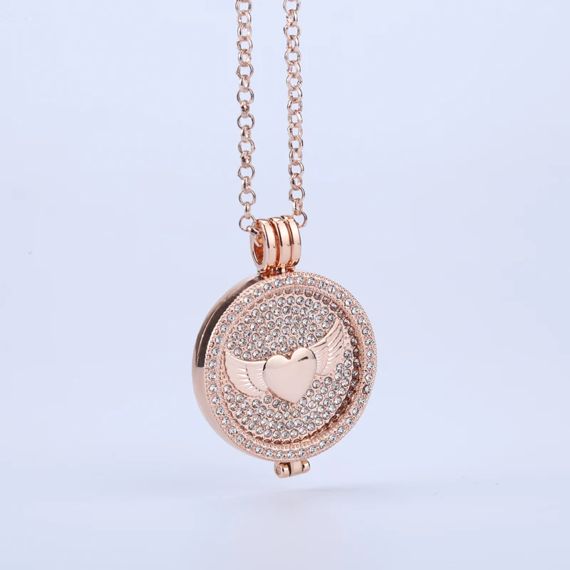 

new rose gold angel wings 35mm coin holder frame necklace pendant floral crystal cooperate with 33mm coin for women diy jewelry