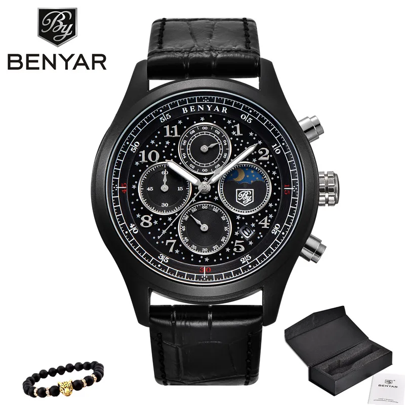 5122-L black BENYAR Бизнес Мужские часы Moon Phase кожа кварцевые часы с хронографом спортивные военные водонепроницаемые мужские наручные часы - Цвет: 5122-L black