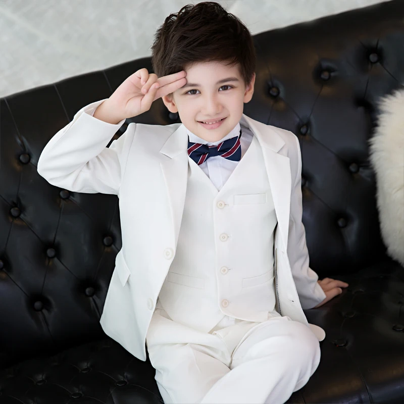 Children's small suit white long-sleeved boy formal wedding flower girl dress host piano costume | Детская одежда и обувь