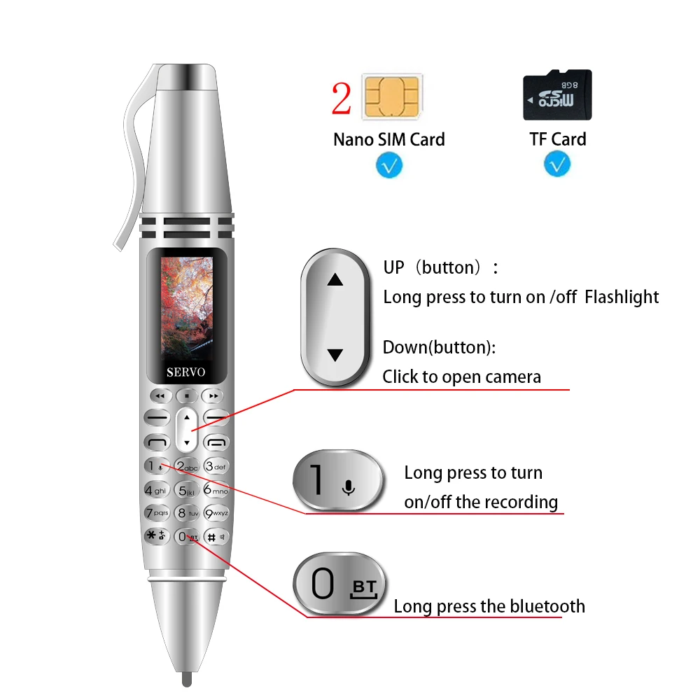 servo k07 pen mini cellphone 0 96 tiny screen gsm dual sim camera flashlight bluetooth dialer mobile phones with recording pen free global shipping