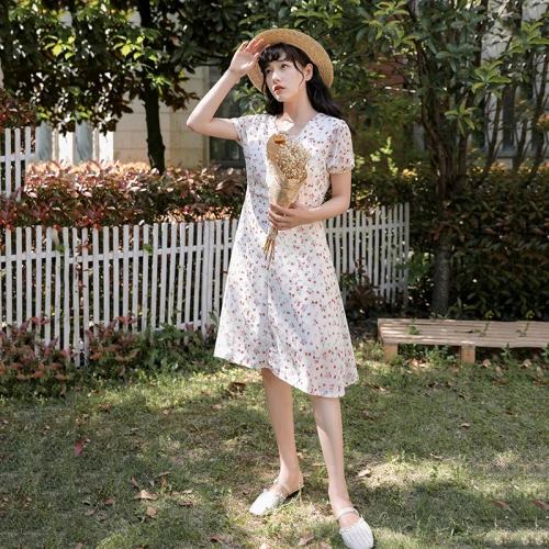 French Flower Dresses 2019 Summer Vintage Knee-length A-line Elegant Mori Girl Print Woman Cloth V-neck Dress | Женская одежда