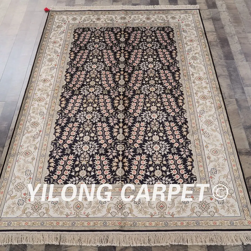 

YILONG 5 'x 8' черные и бежевые шелковые ковры ручной работы с узлом (LH38B5x8)