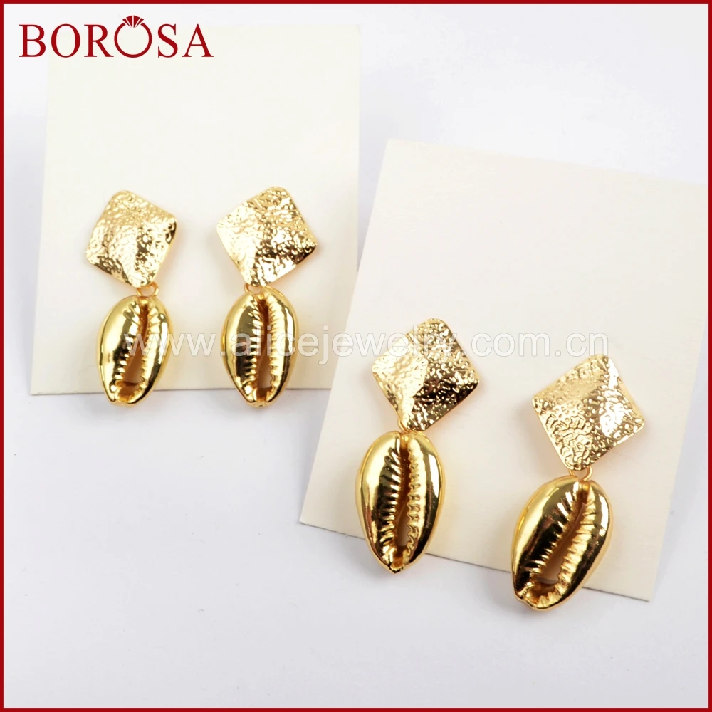 

BOROSA 5 пар Полный Золотой цвет отделка Cowrie ракушки ромб женские серьги Очаровательные Висячие серьги ювелирные изделия для оптовой продажи ...