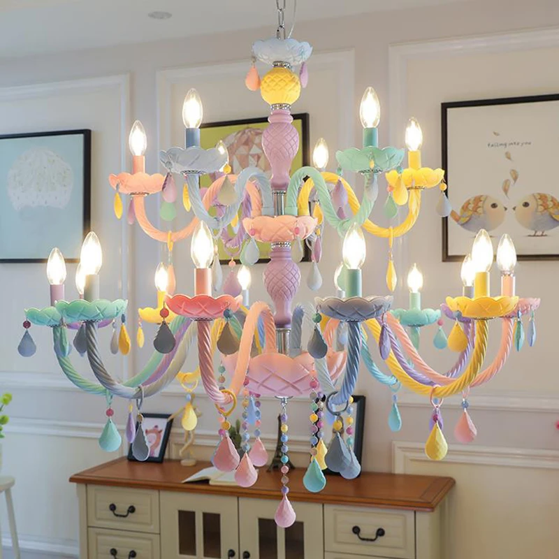 

Art Deco cartoon colourful LED crystal chandelier lights Macaroon Princess' room girls' bedroom chandeliers with remote control