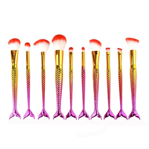 10PCS Pro Brushes 10 шт., набор кистей для макияжа с единорогом и русалочкой, рыбий хвост, пудра, тени для век, кисти для макияжа, контурные смешивания, косметические кисти - Handle Color: 10PCS Pro Brushes