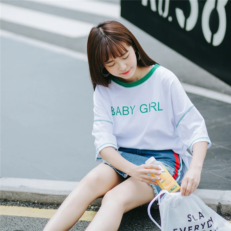 Женская футболка Kawaii Студенческая Ulzzang повседневная свободная с буквенным