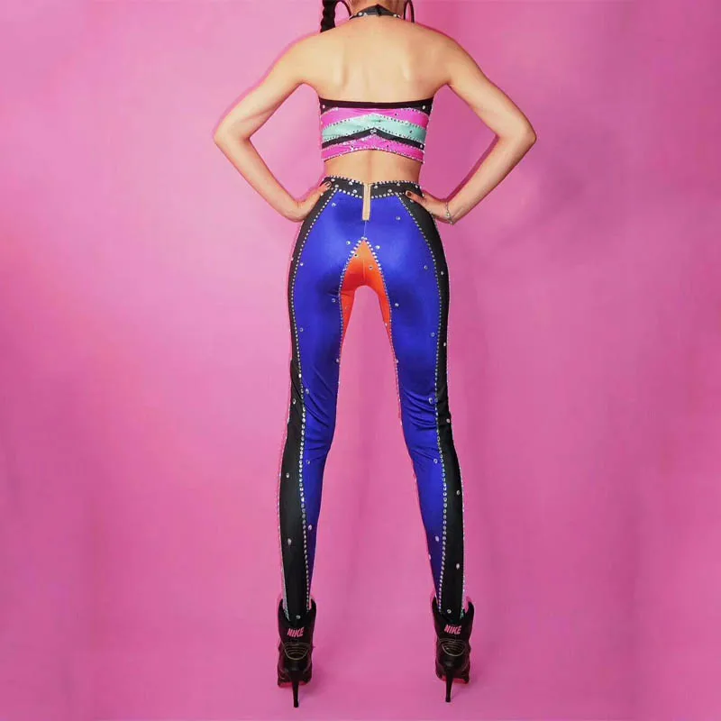 

Female DJ Costume Long Split Costume Rainbow Print Sexy Bodysuit Birthday Celebrate Luxurious Singer Costume Stage Wear DJ120