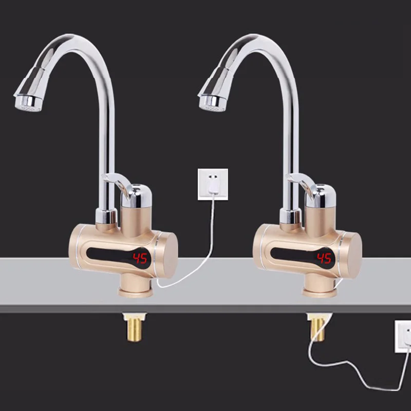 EU Plug Gold Faucet Water Heater Kran Instant Tankless Hotwater Boiler Kraan Kitchen Heating Crane With LED Light Kocher Bib Tap