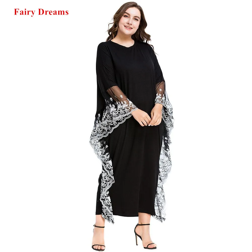 Черная женская мусульманская одежда Abayas вышивка рукав летучая мышь длинное